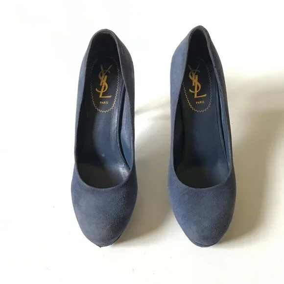 YSL Palais Platform Heels Pumps Womens 37.5 7.5 Blue Suede Yves Saint Laurent - Picture 3 of 7
